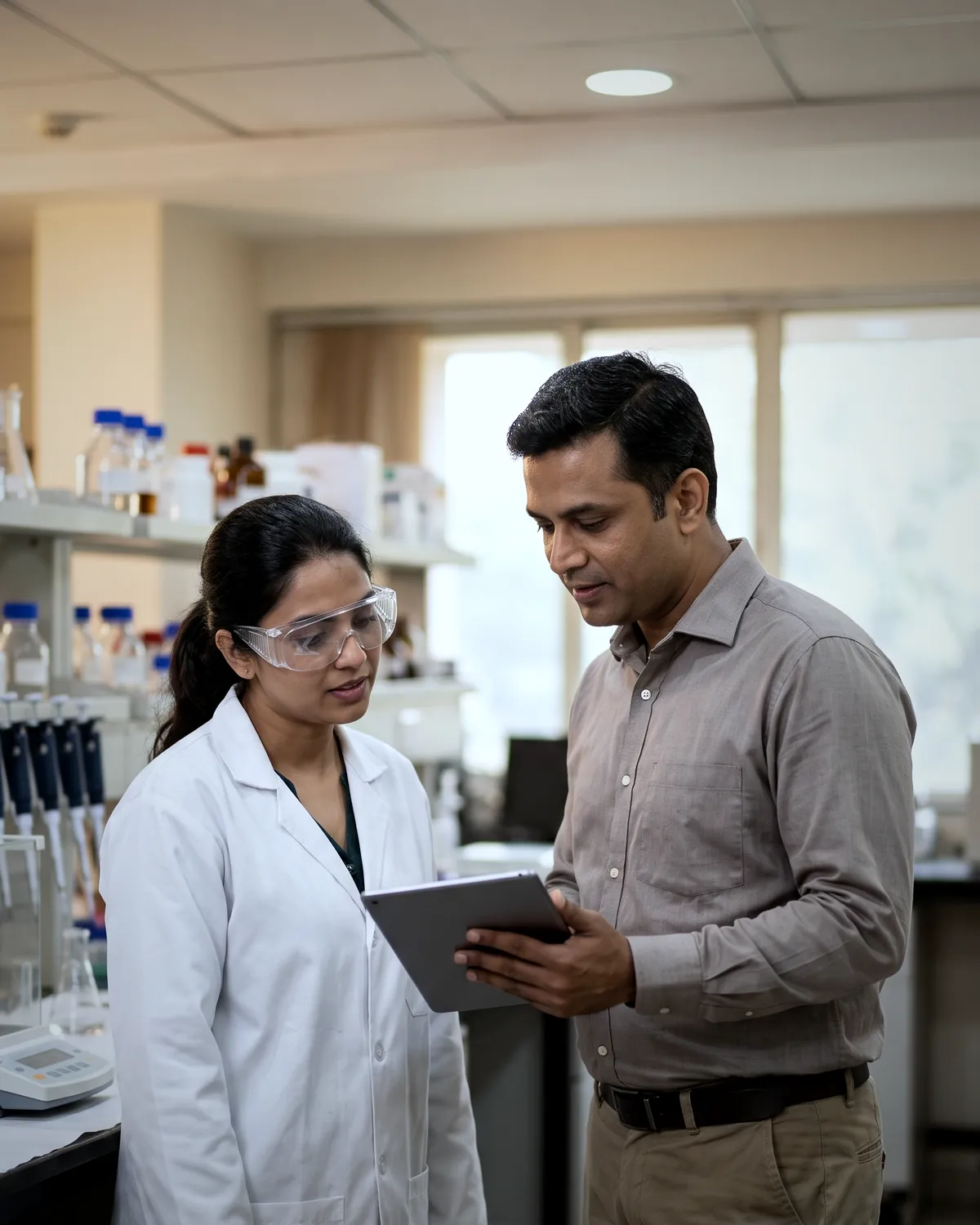 A quality control analyst and her manager reviewing results together at a laboratory bench