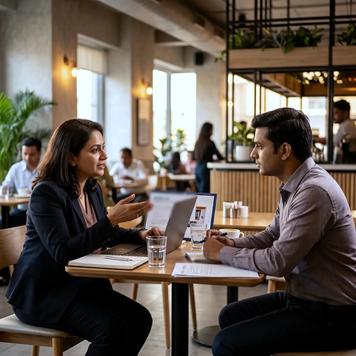 A first-line sales manager coaching a medical representative over a field visit debrief