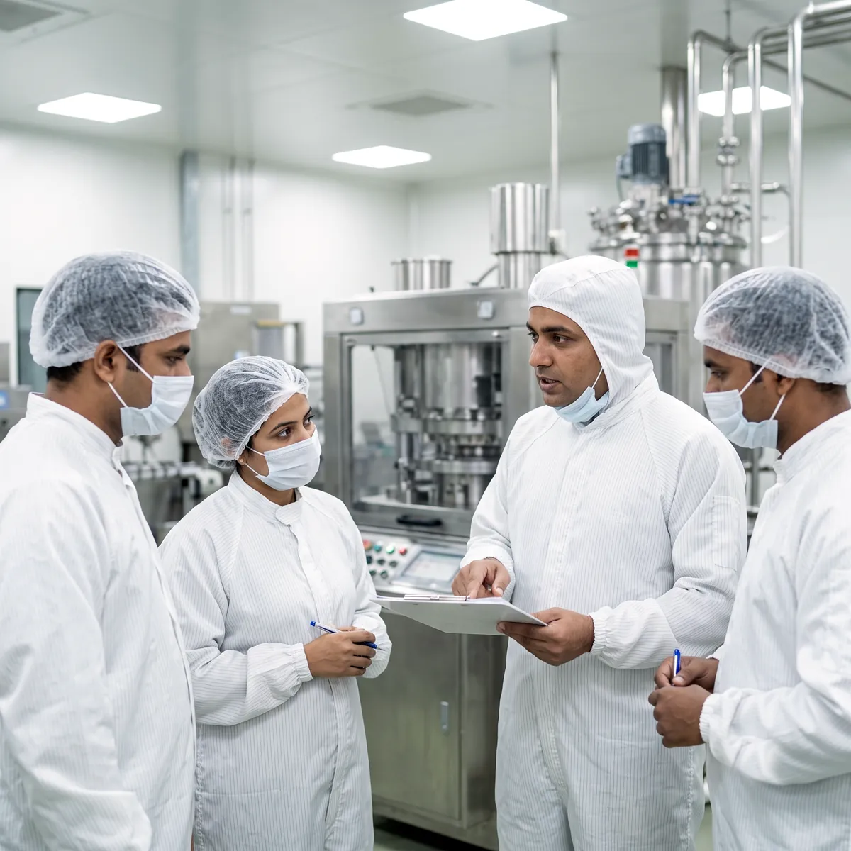A supervisor discussing a batch record with gowned operators on a pharmaceutical manufacturing floor
